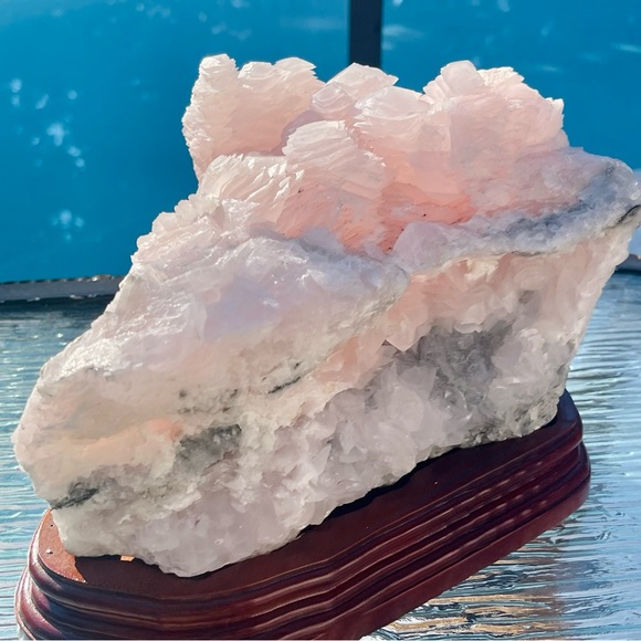 Mangano Calcite Large Pink Calcite Cluster w/ Wood Base Pink Calcite Home Decor - Picture 5 of 17